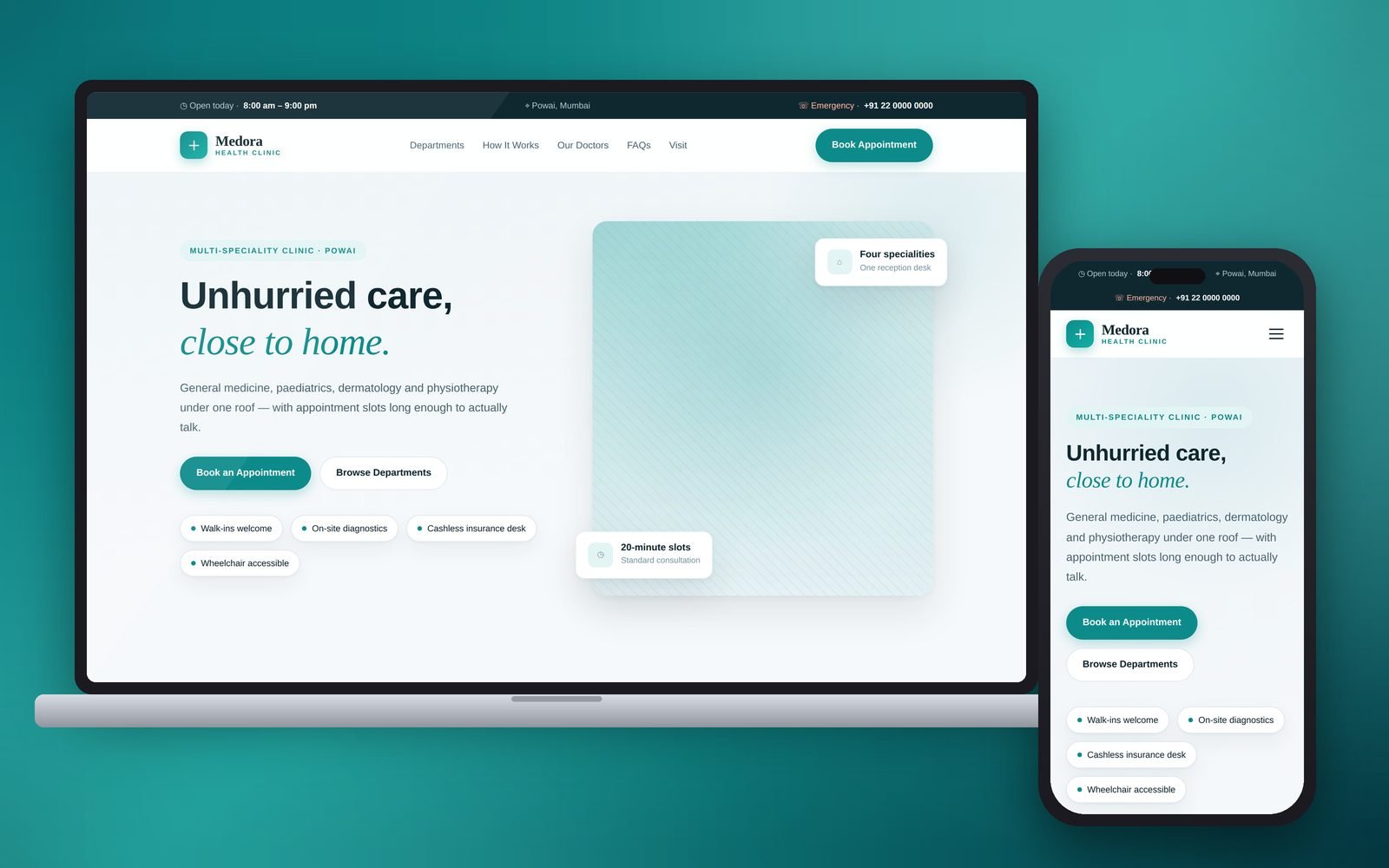 Medora Health clinic sample website shown on a laptop and a phone