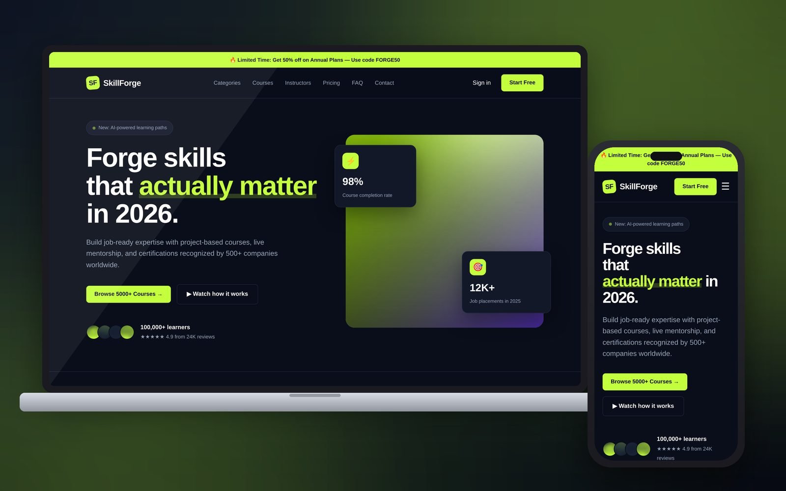 SkillForge learning platform sample website shown on a laptop and a phone