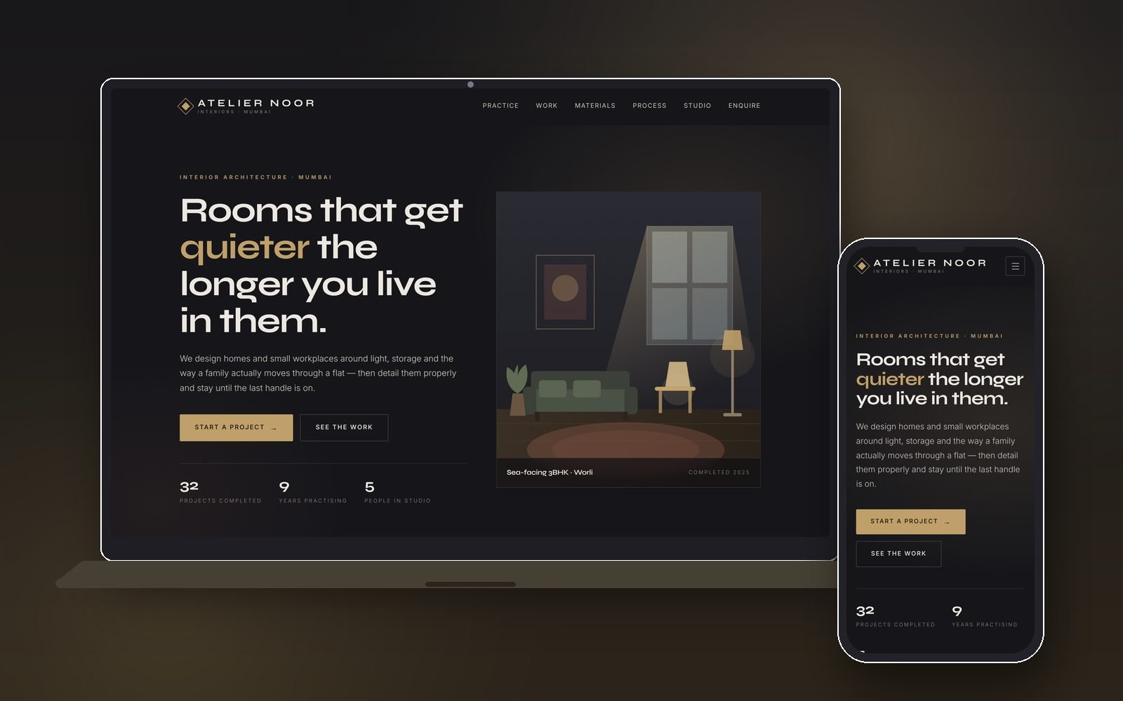 ATELIER NOOR interior design studio sample website shown on a laptop and a phone