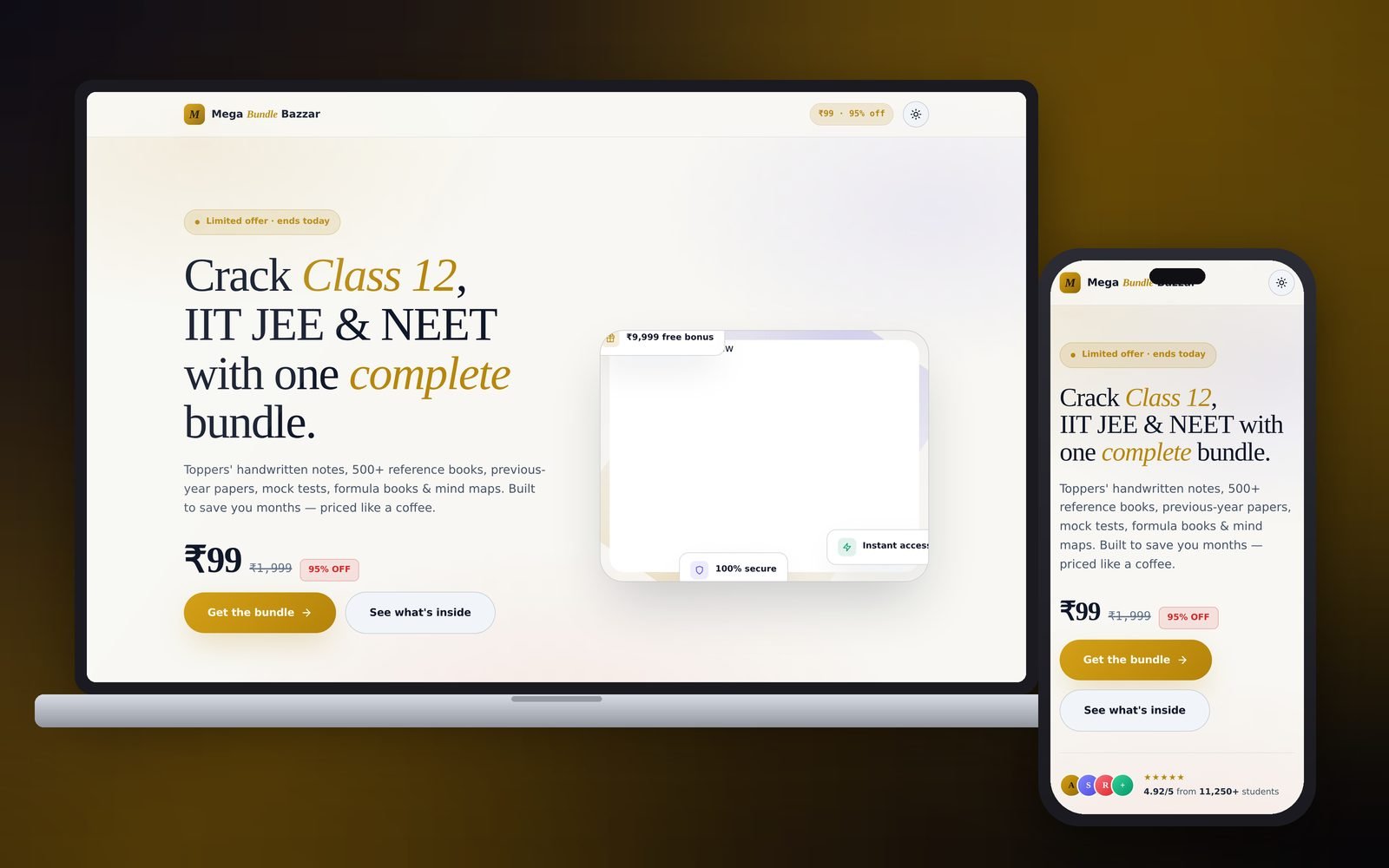 Mega Bundle Bazzar exam-prep sample website shown on a laptop and a phone