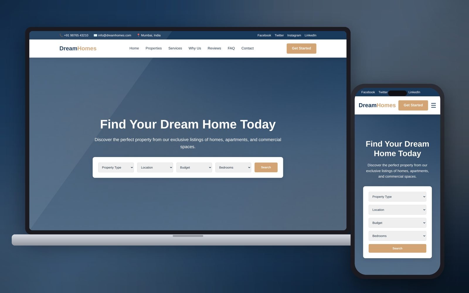 DreamHomes property portal sample website shown on a laptop and a phone