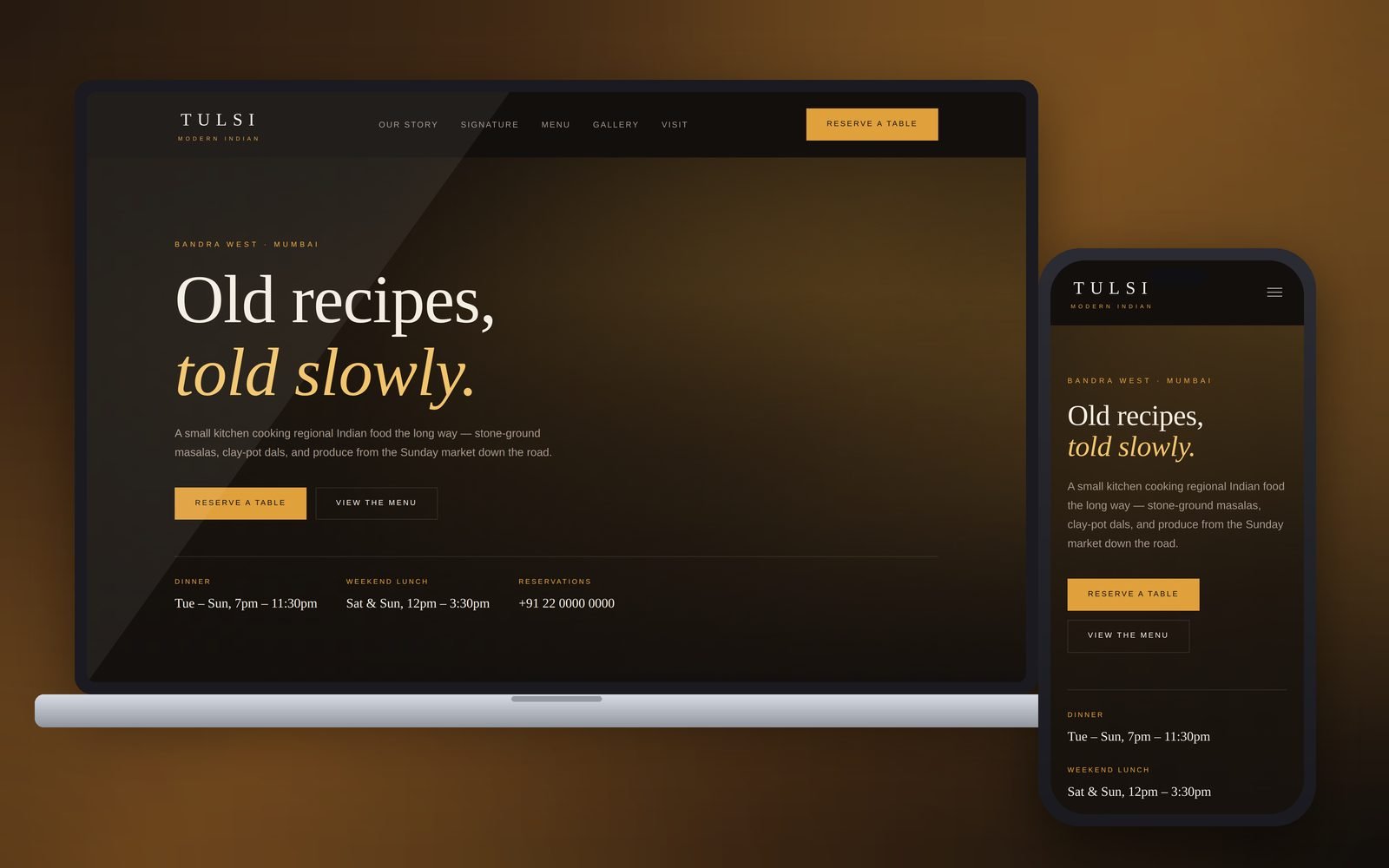 TULSI restaurant sample website shown on a laptop and a phone