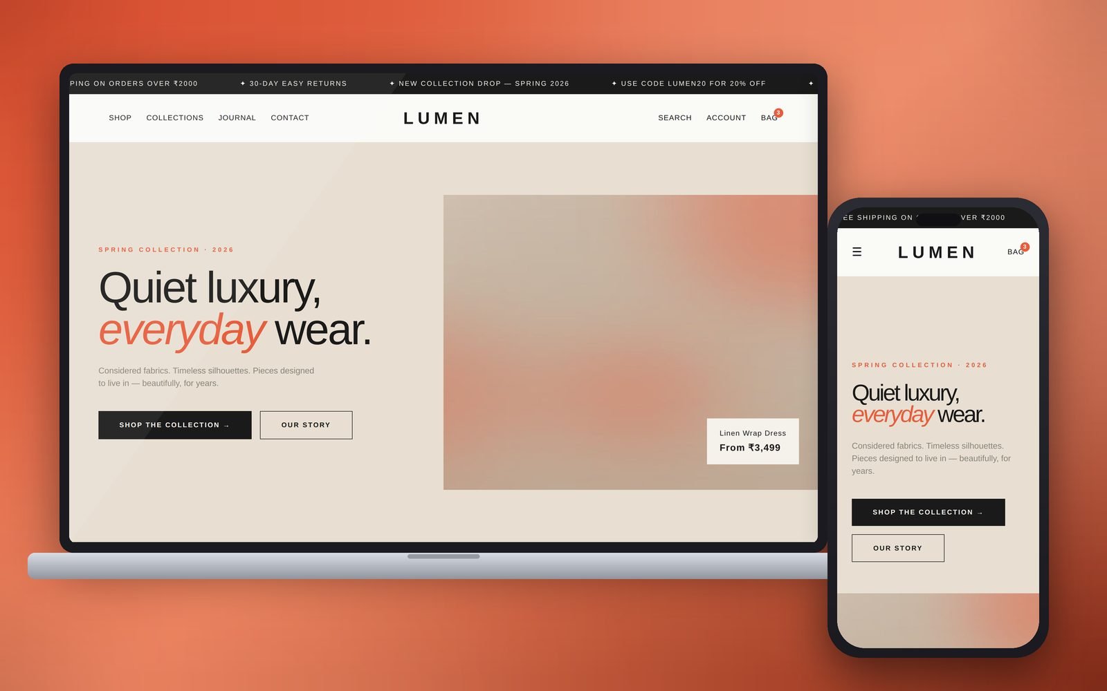 LUMEN fashion store sample website shown on a laptop and a phone