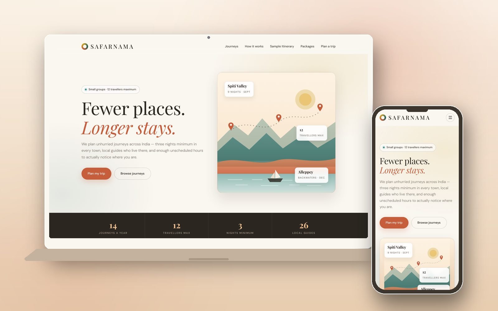 SAFARNAMA travel company sample website shown on a laptop and a phone